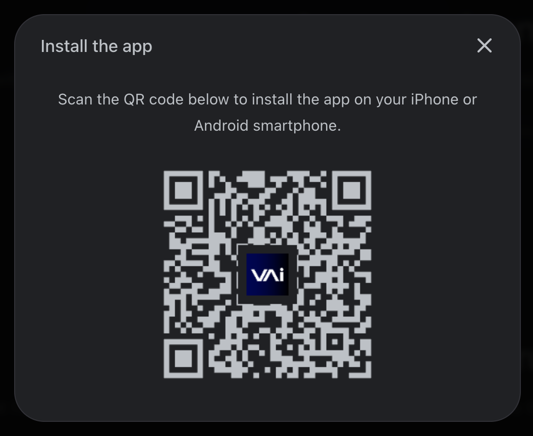 Vai PWA install prompt with QR code for mobile installation